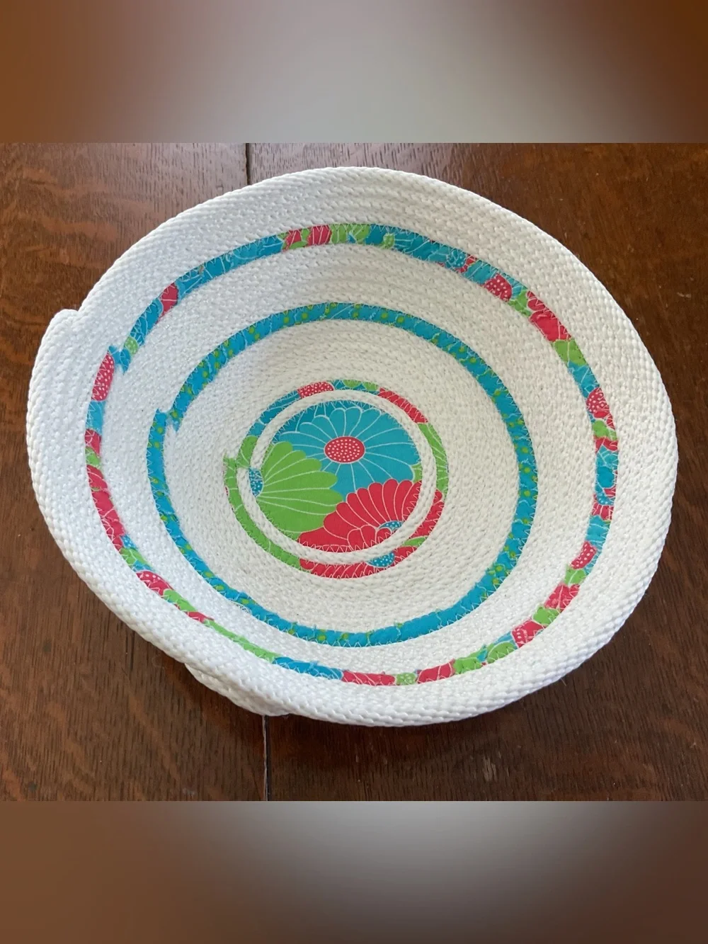Handmade 9-Inch Coiled Rope Bowl – Bright Floral Fabric Wrap Accent (2.75